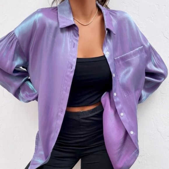 90's Glossy Satin Iridescent Button Down Blouse Violet Shot Silk SZ 4 SMALL NEW! - Picture 2 of 10